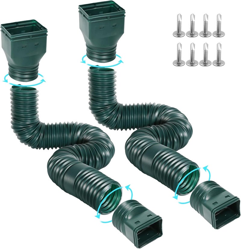 Gutterlix 2 Pack Flexible Gutter Downspout Extensions Extendable from 21" to 67", Downspout Extender Comes with Adapters, Thickened Down spout Drain Extension for Rainwater Drainage(Green) - Image 1